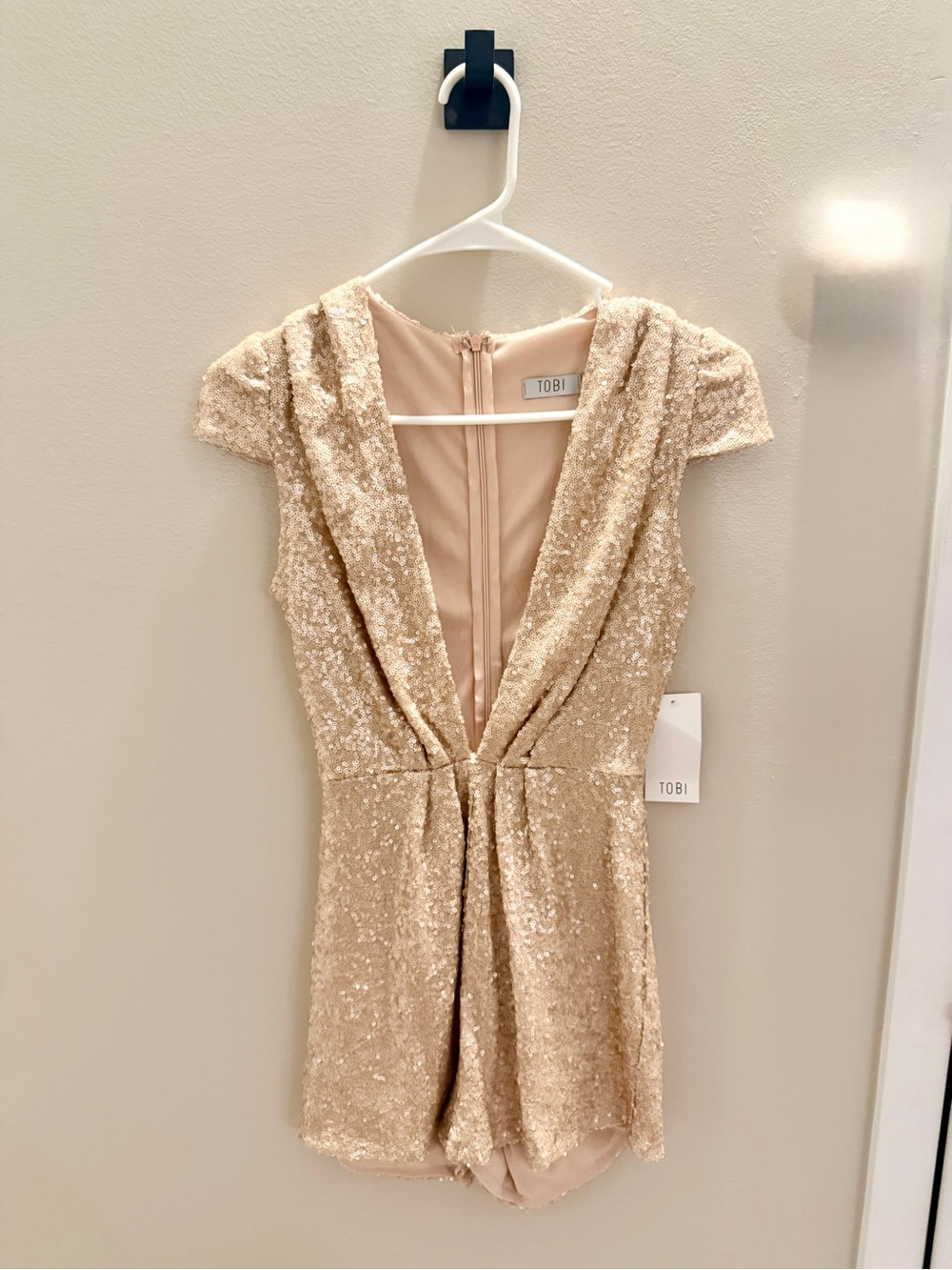 Tobi Gold Sequin V-Neck Cap Sleeve Romper